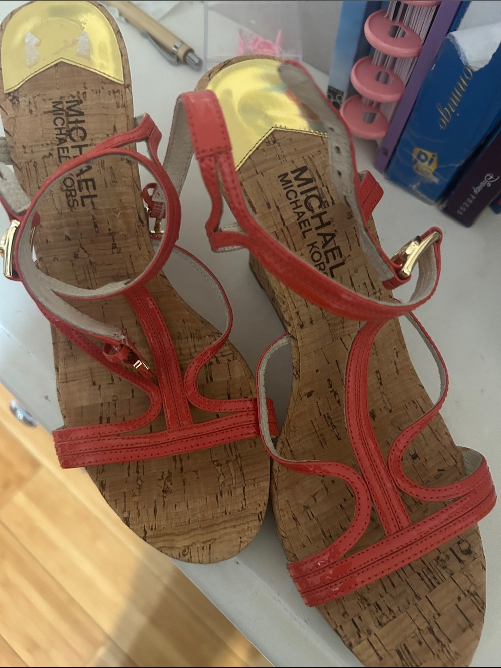 Michael Kors Coral Strappy Cork Wedge Sandals with Gold Accents